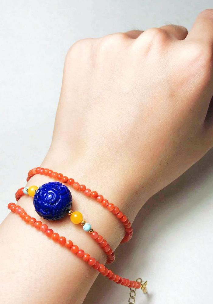 精品原矿高蓝青金石回纹珠配柿子红南红玛瑙鸡油黄蜜蜡绿松石项链