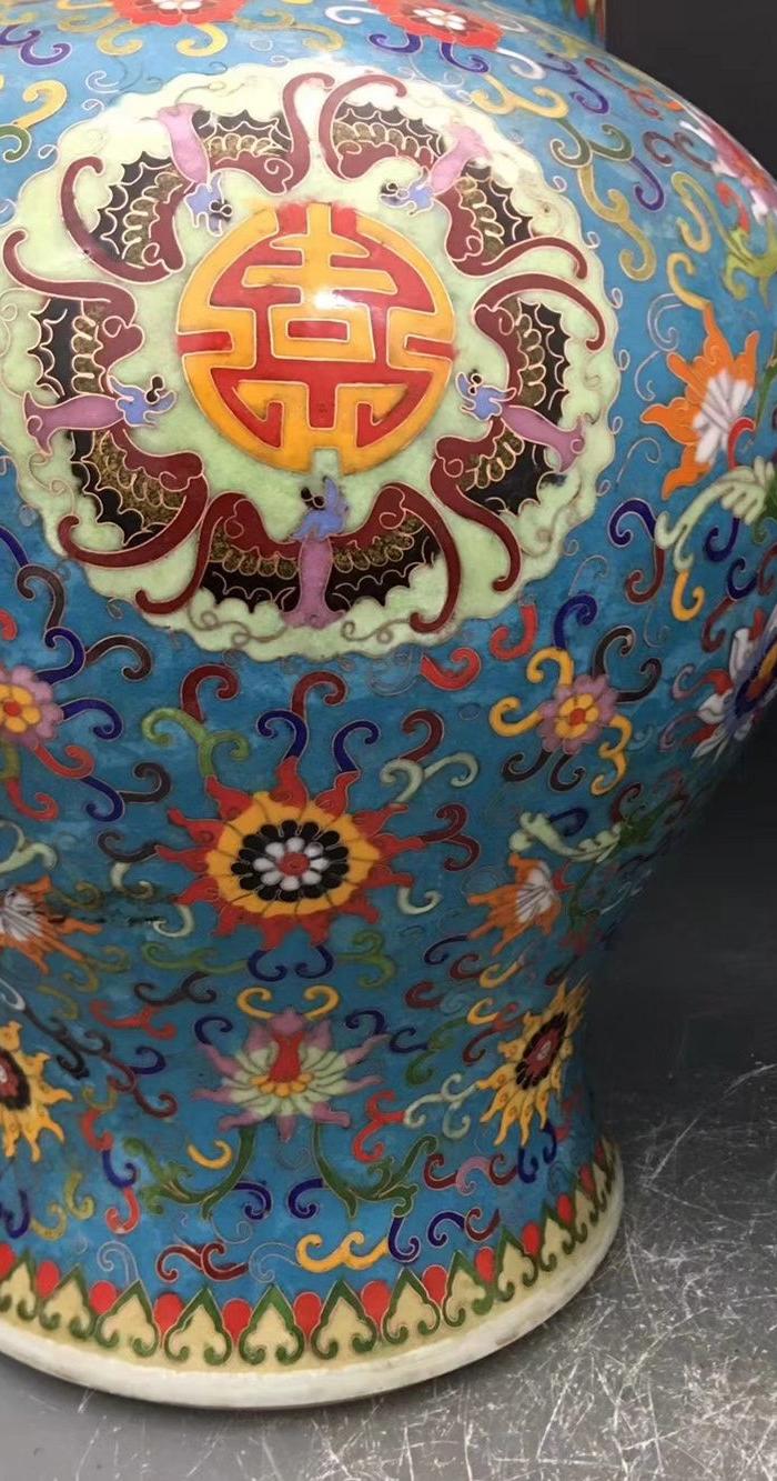 大清乾隆年制!瓷胎景泰蓝掐丝万花福寿纹jiangjun坛一对