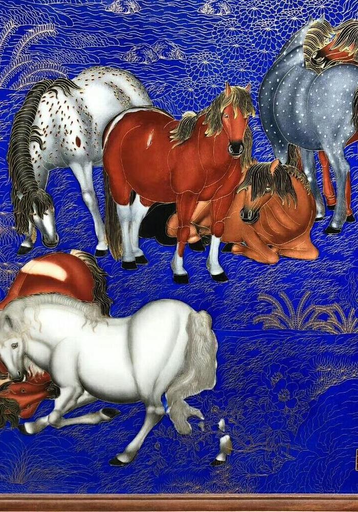 清代老红木镶瓷板画珐琅掐丝八骏图,保真