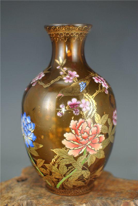 明成化珐琅彩描金花鸟纹琉璃对瓶古董古玩古瓷器文玩艺术收藏品