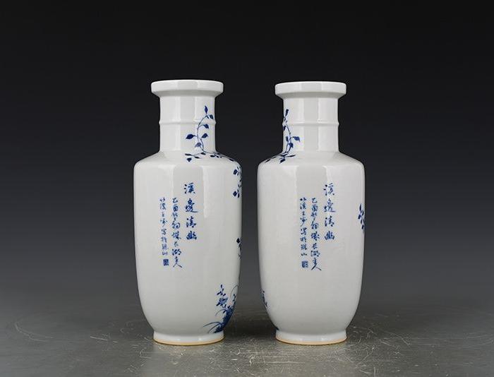 民国竹溪道人王步青花花鸟棒槌瓶 古玩古董古瓷器