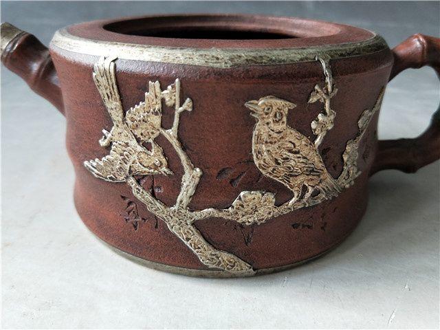 谈氏仙童款包锡花鸟紫砂壶