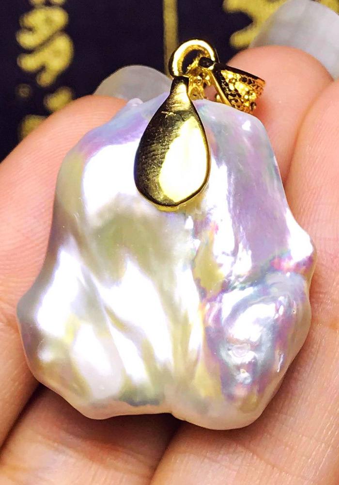 极光幻彩巴洛克超大珍珠!天然强光白珍珠异形珍珠银镀黄金镶吊坠