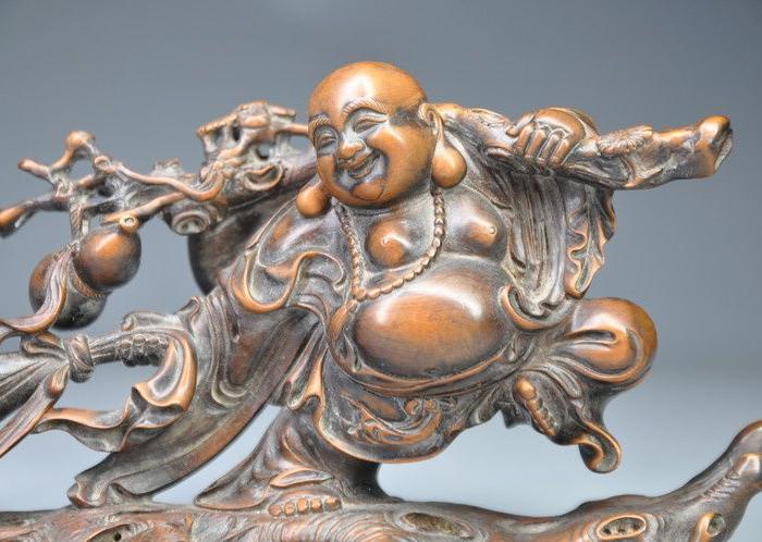 清代精制雕刻木器 老黄杨木金玉满堂布袋笑脸弥勒佛木雕摆件装饰