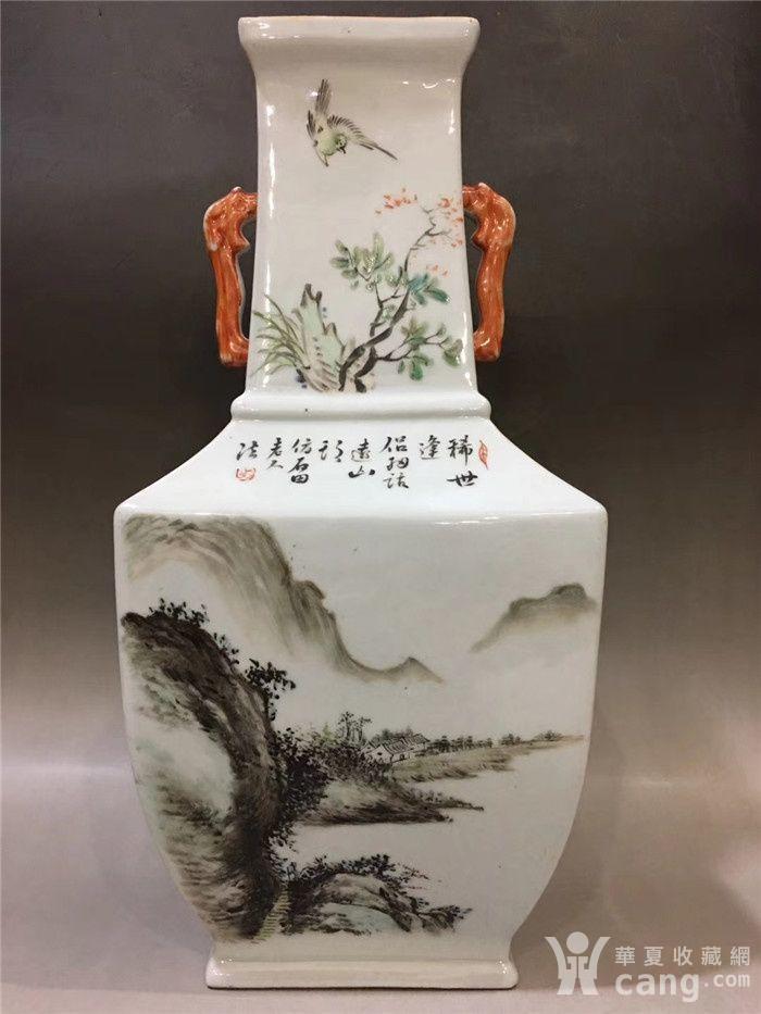 民国名家浅绛彩山水花鸟双耳瓶