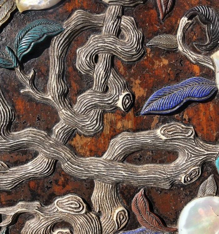 海外回流 软木枱描漆百宝镶嵌百寿图腾捧盒文玩古董精品包老保真