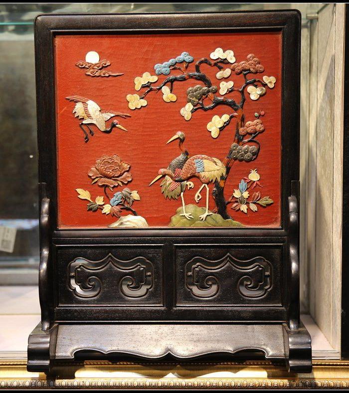 清代老紫檀木大漆开片百宝镶嵌松鹤延年屏风插屏古董精品摆件收藏