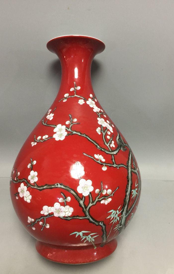 清,红釉粉彩梅花玉壶春瓶