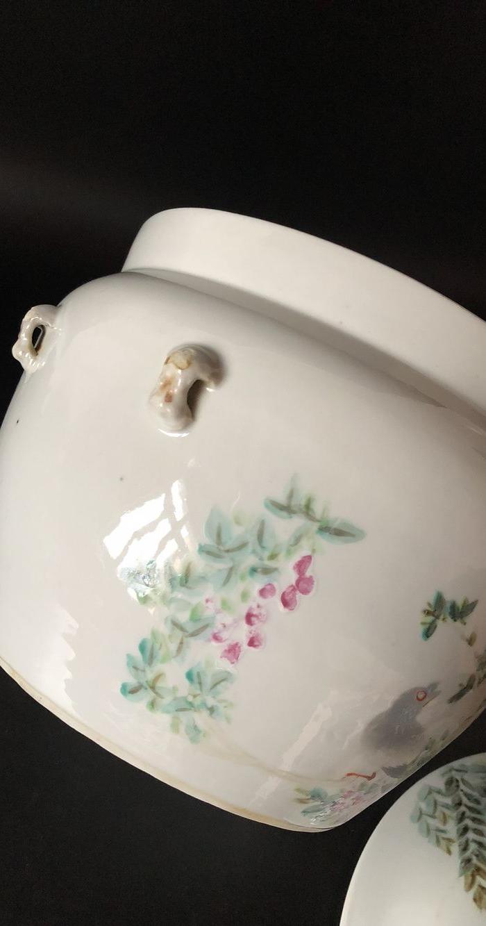 晚清同治浅绛彩花鸟大号粥罐