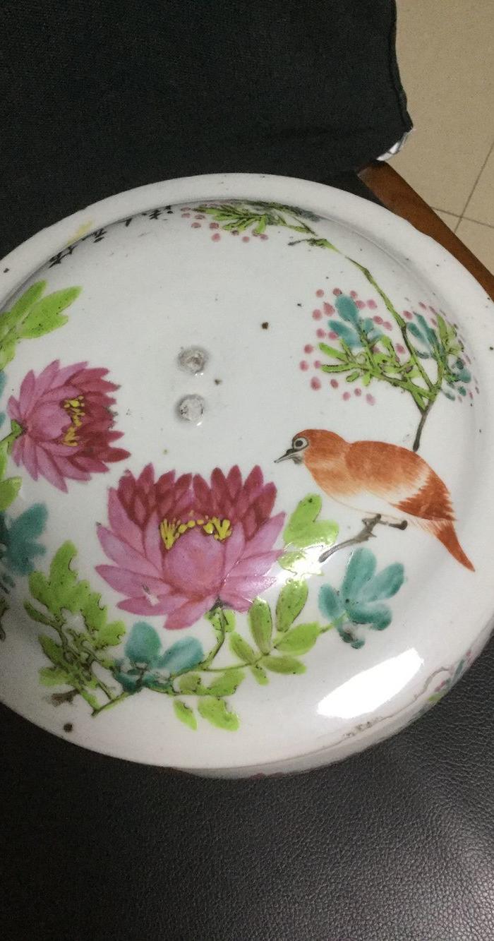 民国:浅绛彩花鸟粥罐