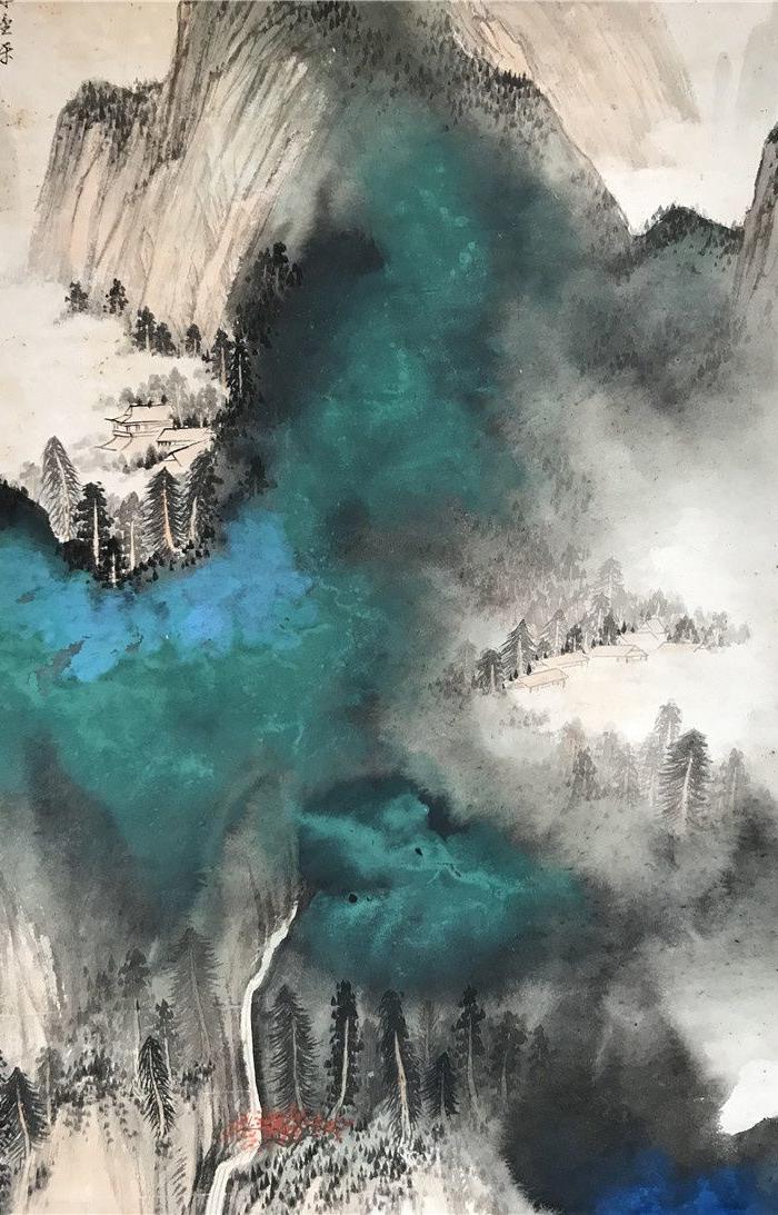 张大千泼彩山水