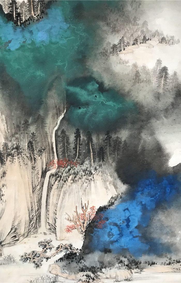 张大千泼彩山水