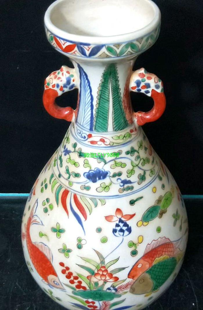 明宣德宫廷贡品五彩鱼藻纹双耳瓶