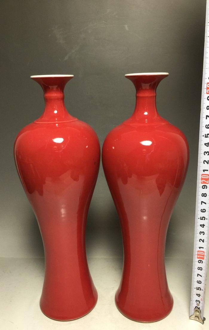 清,鸡血红釉小蛮腰瓶一对
