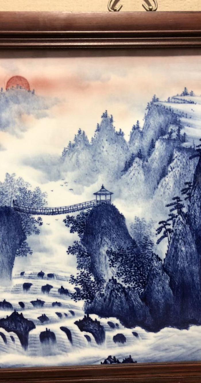王步青花山水瓷板画
