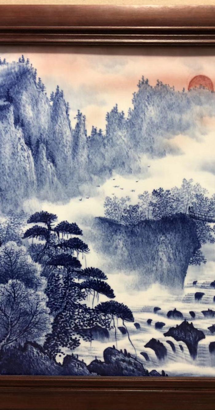 王步青花山水瓷板画