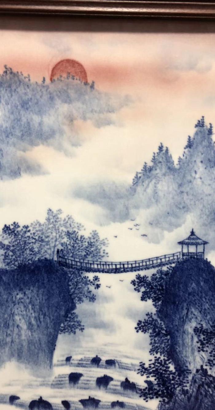 王步青花山水瓷板画