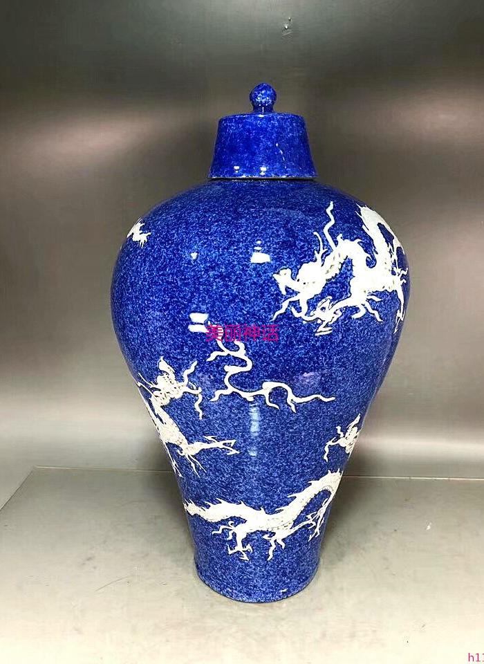 明宣德洒蓝釉克白龙纹梅瓶