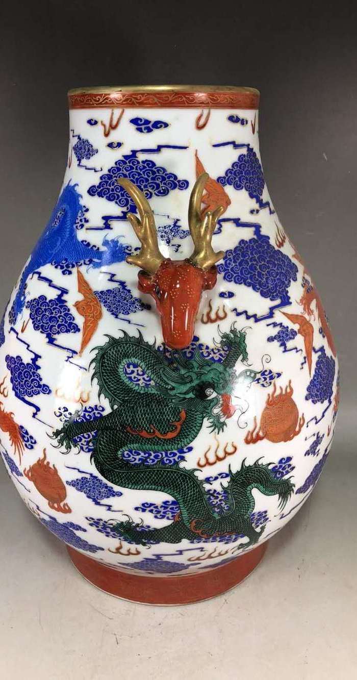 清代五彩描金五龙鹿头尊h