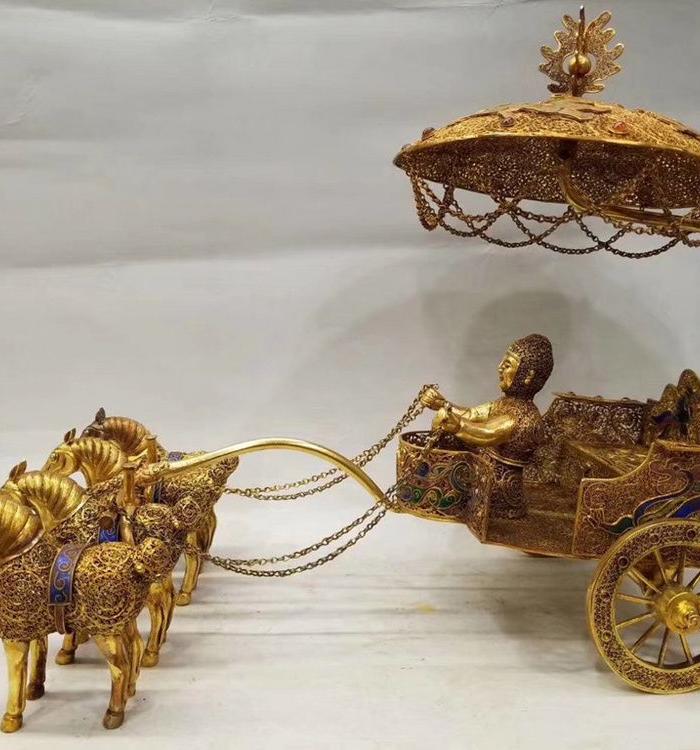 银鎏金烤蓝四马拉车