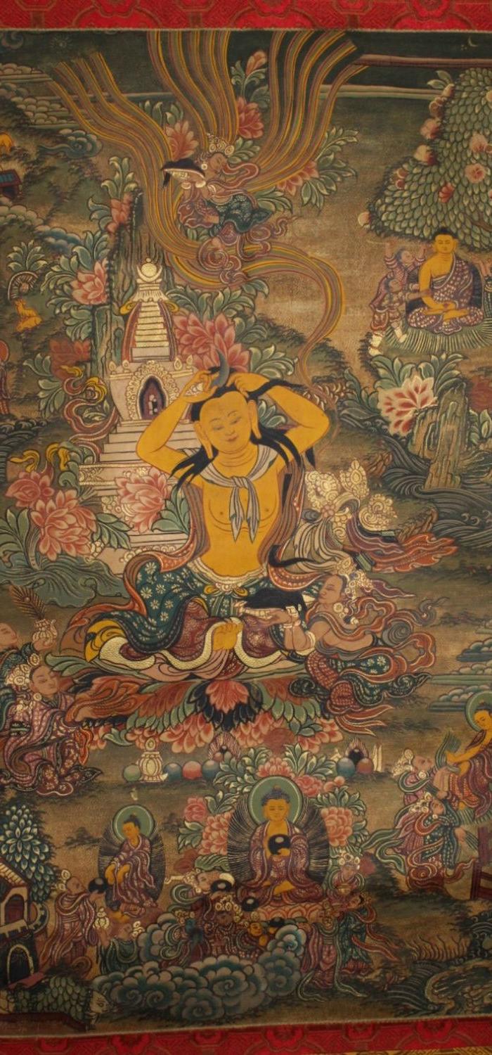 西藏古寺收,纯手工画描金光明天母真*唐卡