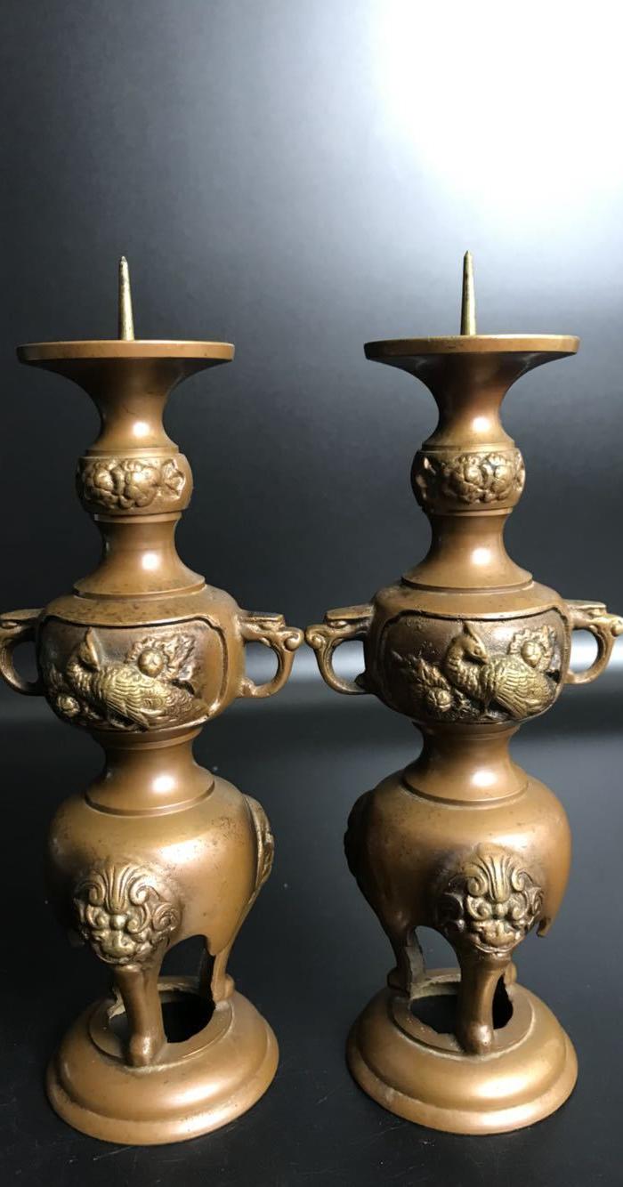 日本回流铜器 老烛台一对