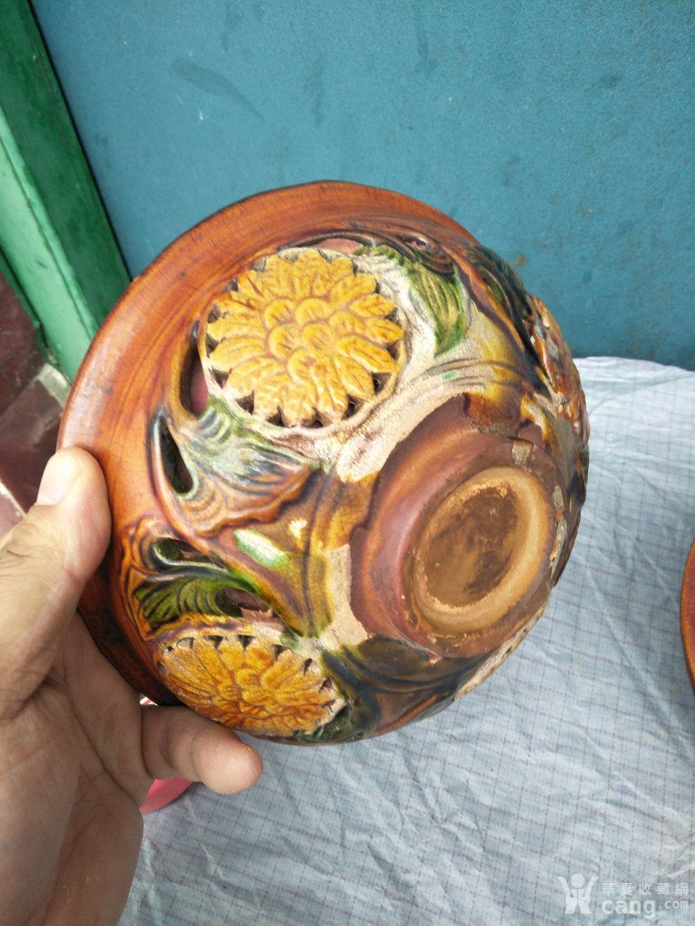 辽三彩底部镂空碗一对