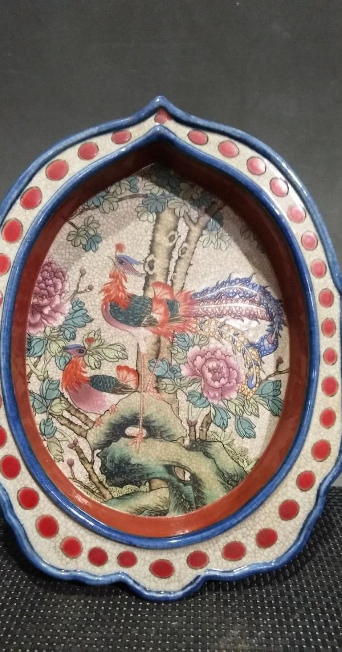 大明万历年制,手绘粉彩花鸟异形笔洗