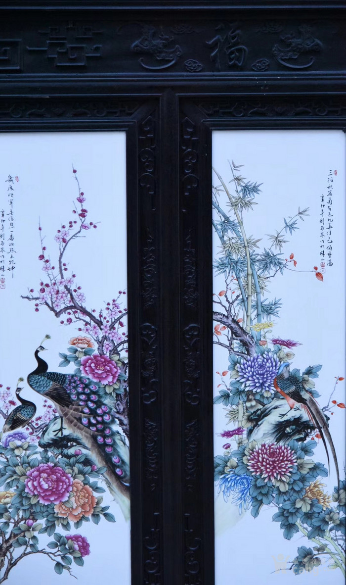 刘雨岑粉彩《四季花鸟》四格大座屏老瓷板画 王大凡《香山九老》