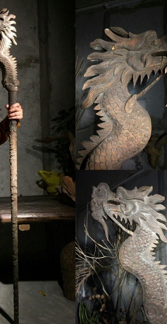 晚清民国樟木满工精雕龙杖