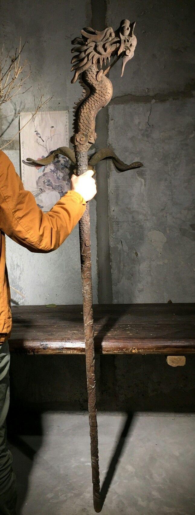 晚清民国樟木满工精雕龙杖