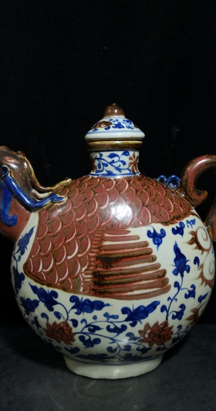 元青花釉里红凤首扁壶,元青花凤首扁壶_文秘苑图库