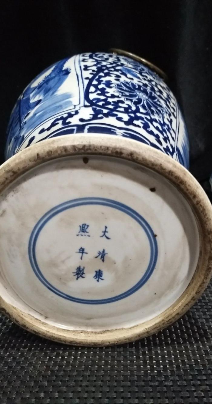 大清康熙年制,手绘青花人物铜环茶叶罐