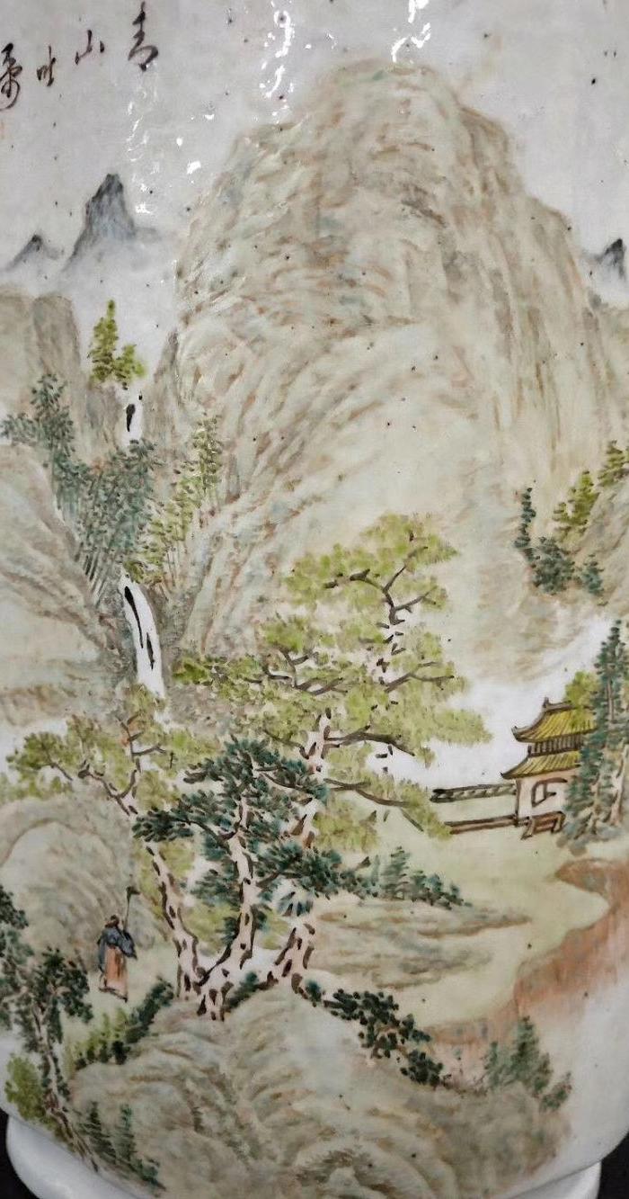 汪友棠浅绛彩山水狮耳瓶