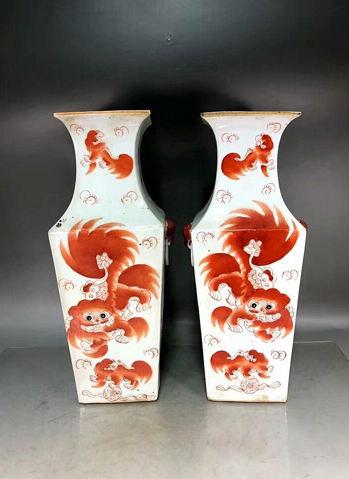 清光绪矾红太师少保纹嵚环兽耳方瓶_地摊交易_华夏收藏网