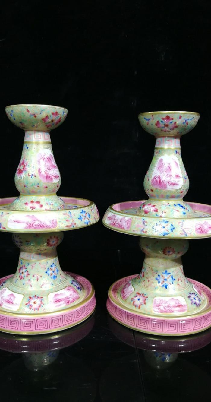 大清乾隆珐琅彩本金开光胭脂红山水蜡烛台