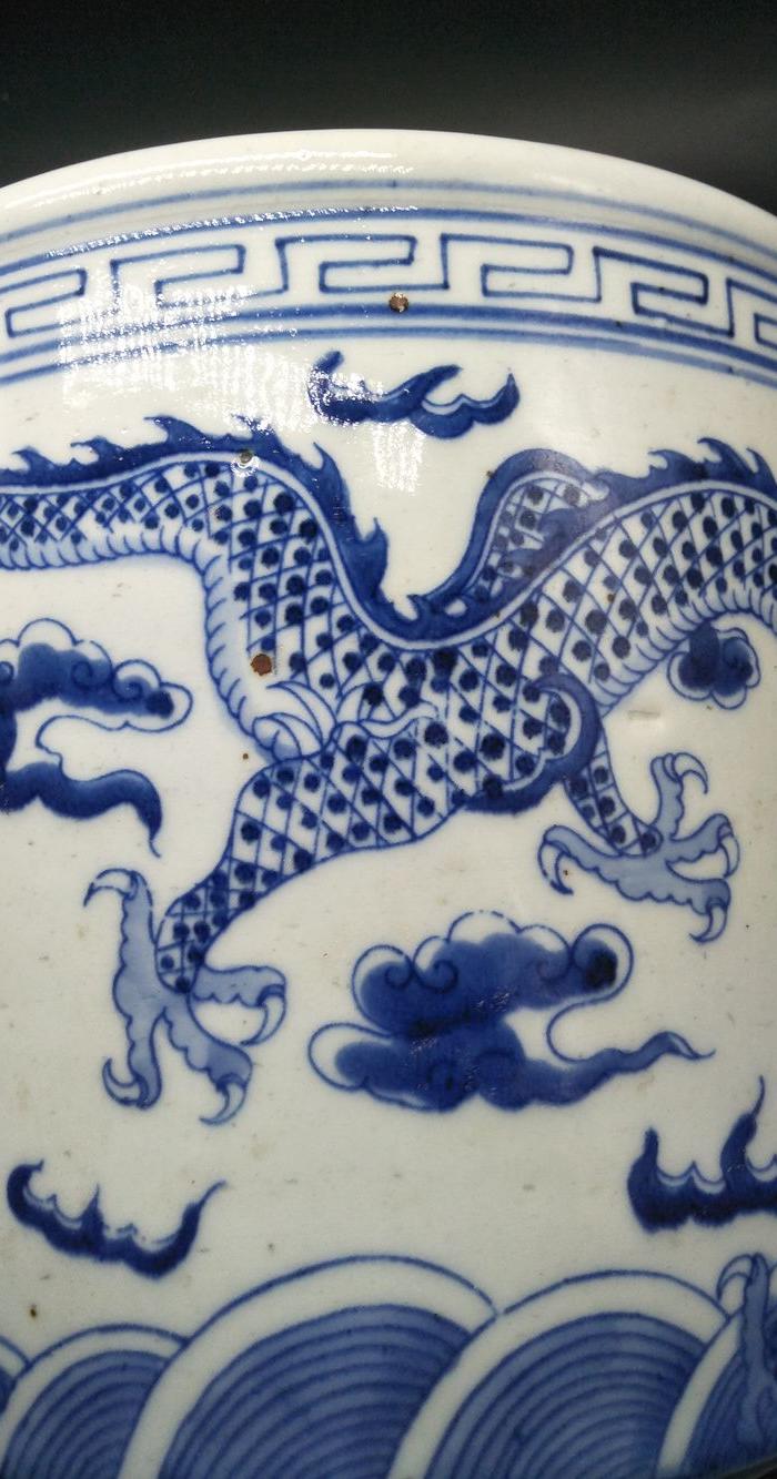 清光绪青花双龙戏珠纹筒式大香炉