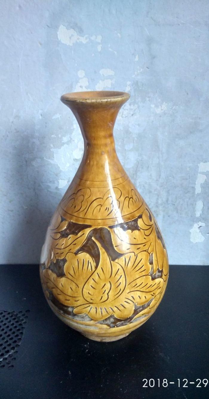 清代耀州窑酱釉刻花玉壶春瓶 包邮.