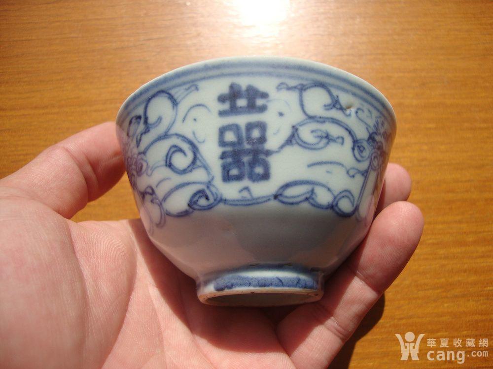 清代缠枝纹青花三喜福字款小茶碗一只 完整全品相老茶碗