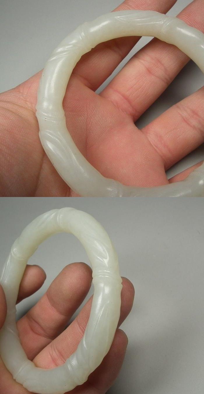 老和田青白玉竹节竹叶纹大圆手镯