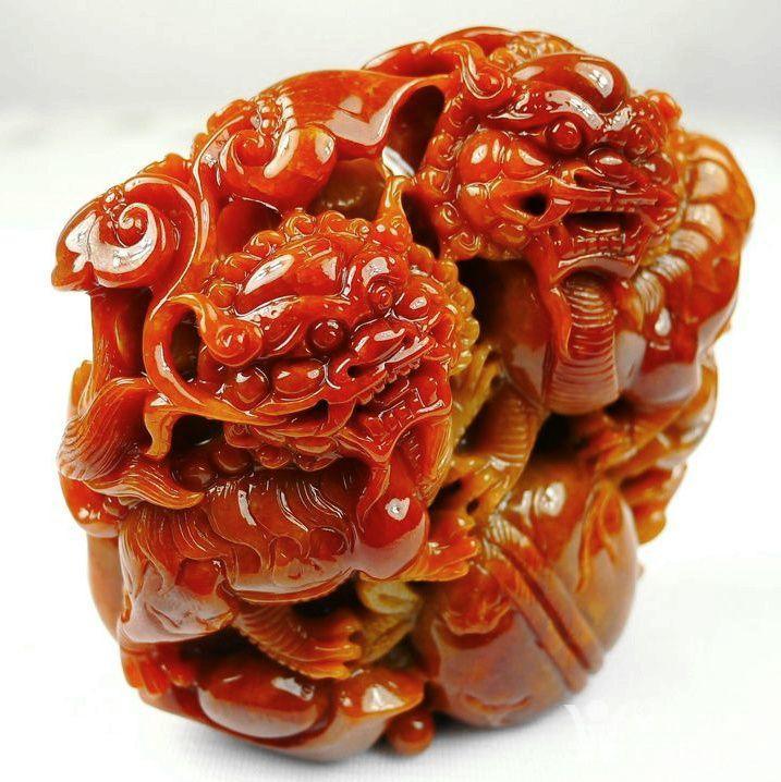 镇店之宝!帝王红翡天然老坑a货翡翠红黄双彩精工双狮戏球大摆件