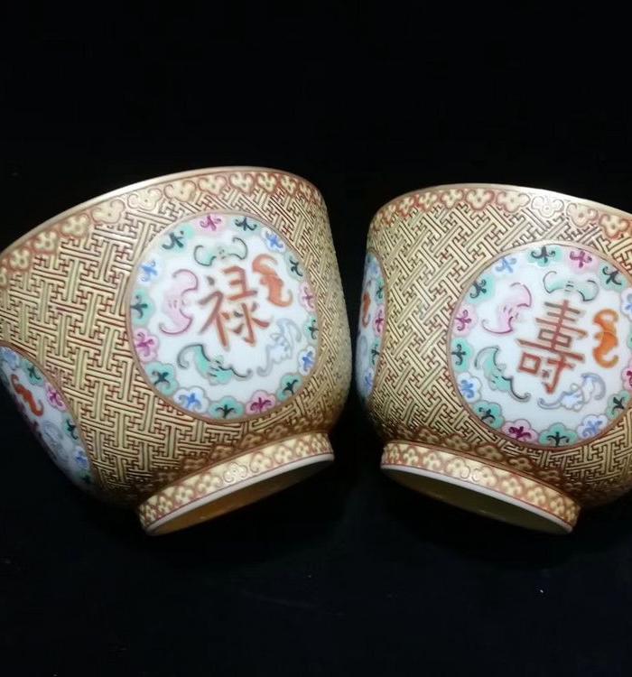 粉彩福禄寿喜碗一对