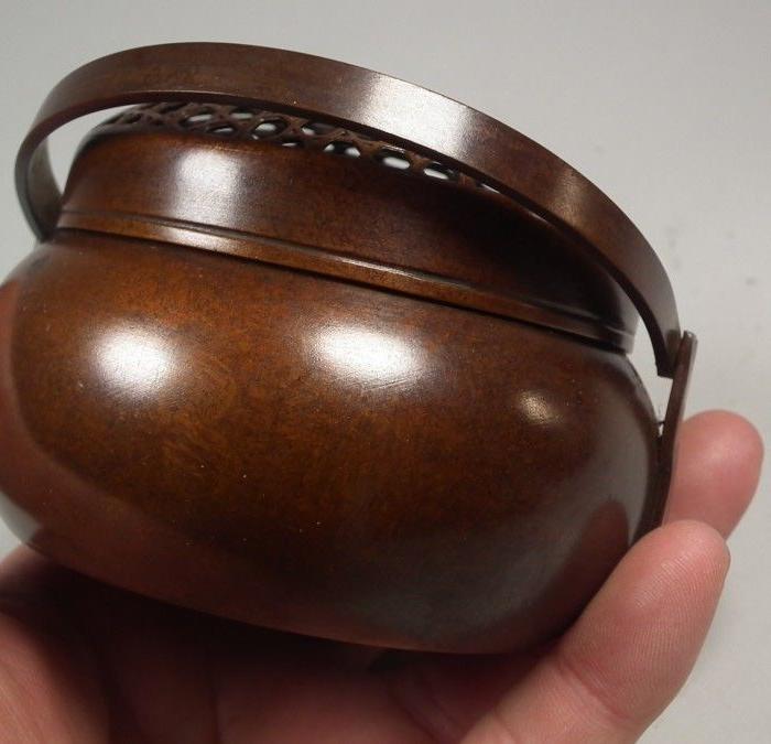 寄托张鸣岐款老紫铜大圆手炉