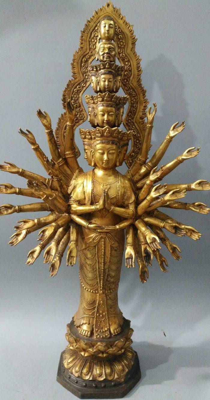 旧藏乾隆年制铜鎏金 千手观音菩萨 一尊