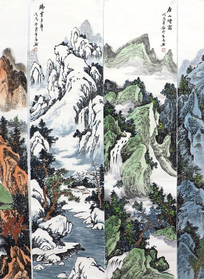 李年春纯手绘国画字画收藏客厅四尺对开山水画四条屏