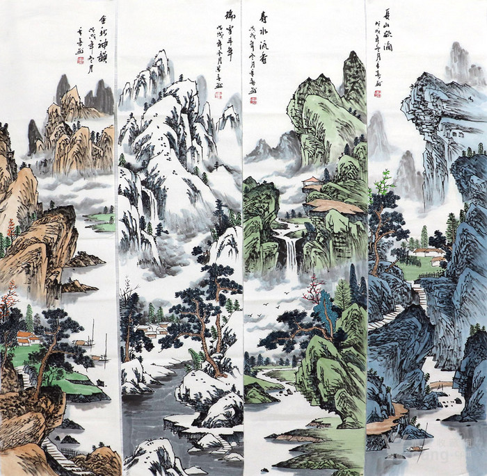 李年春纯手绘国画字画收藏客厅四尺对开山水画四条屏