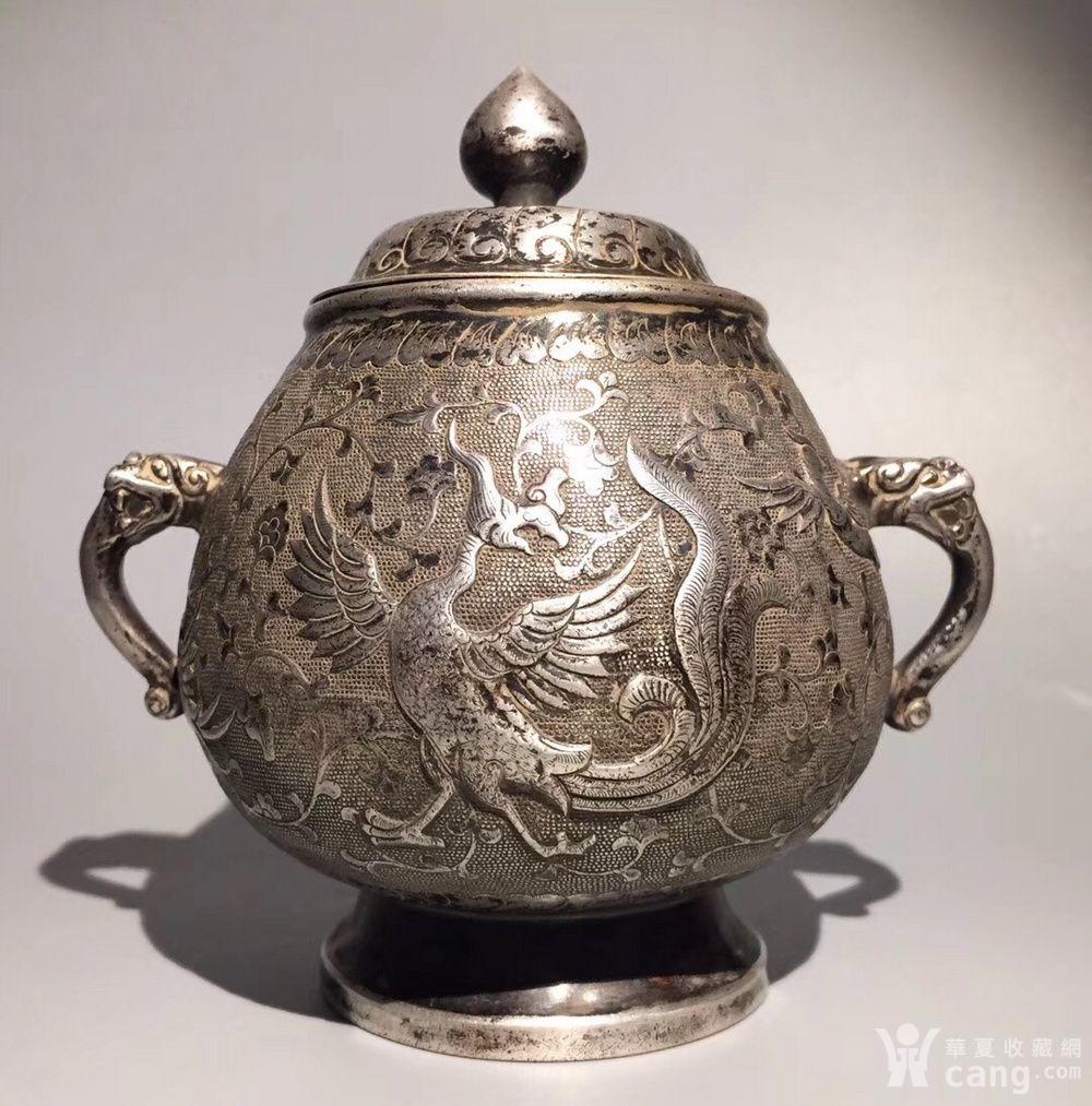 明代清代银器纯银银凤凰花卉纹双耳盖罐