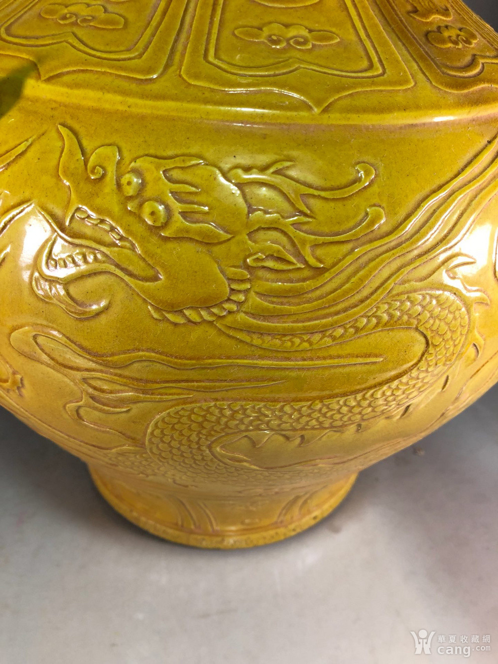 仿古工艺品 瓷器 元代白浒孤窑款黄釉雕刻龙纹兽头罐 报价记录 服务