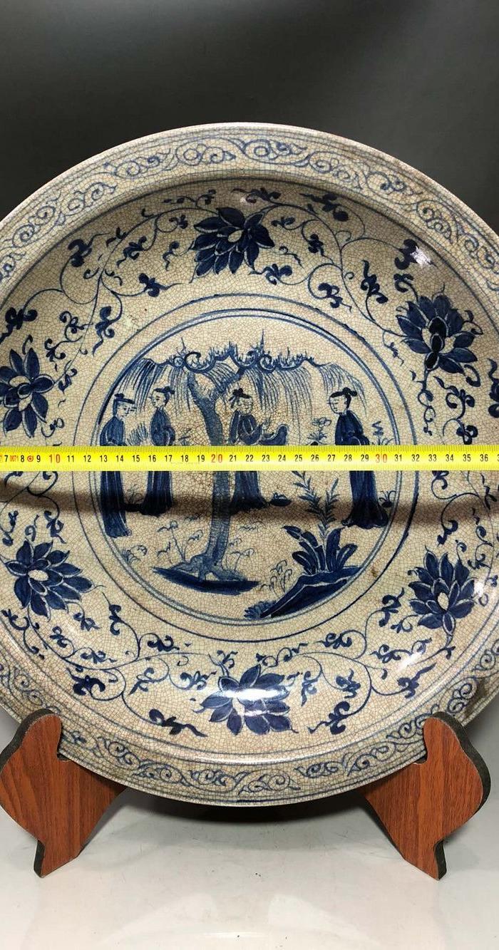 明代宣德绿釉青花开片人物故事盘