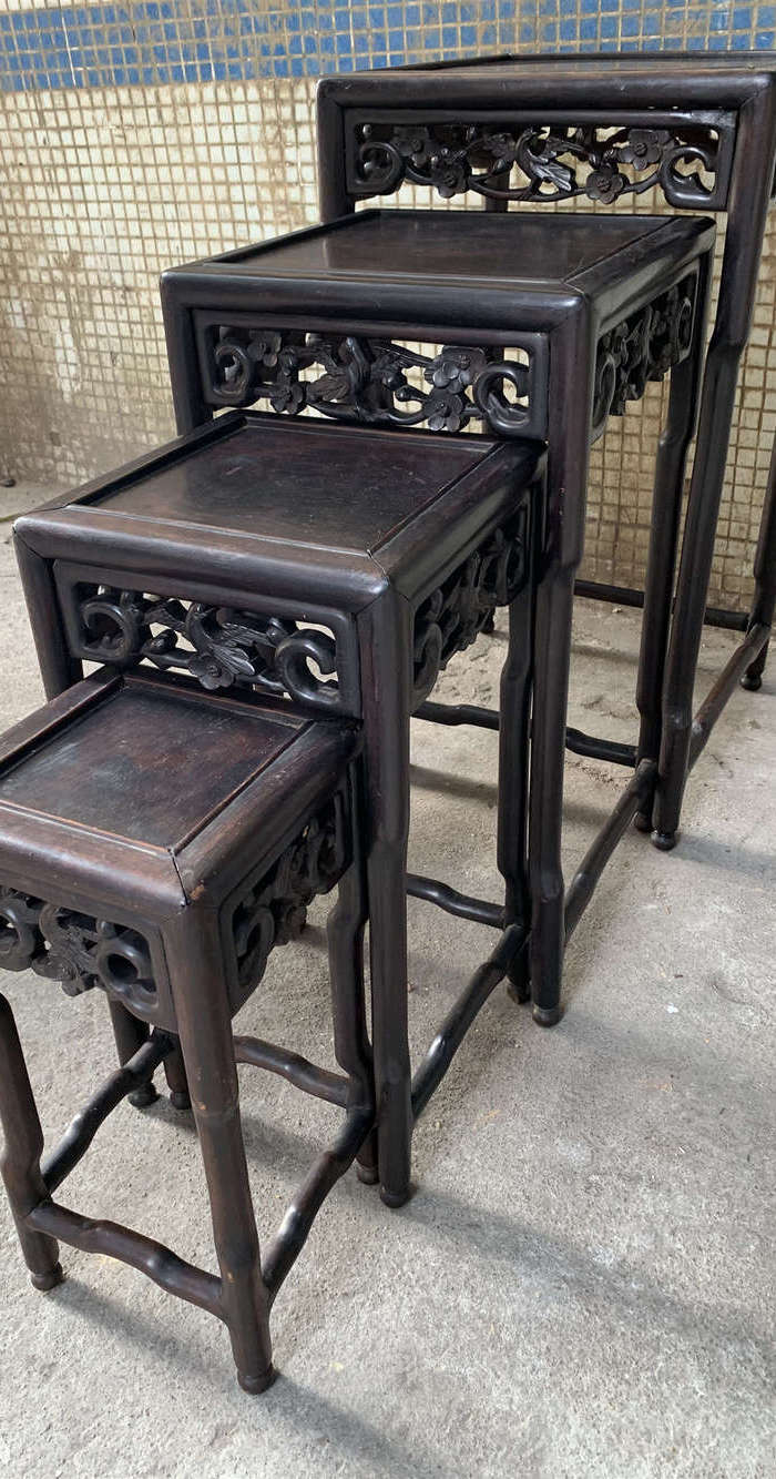 清代老红木酸枝 精美花架几一套